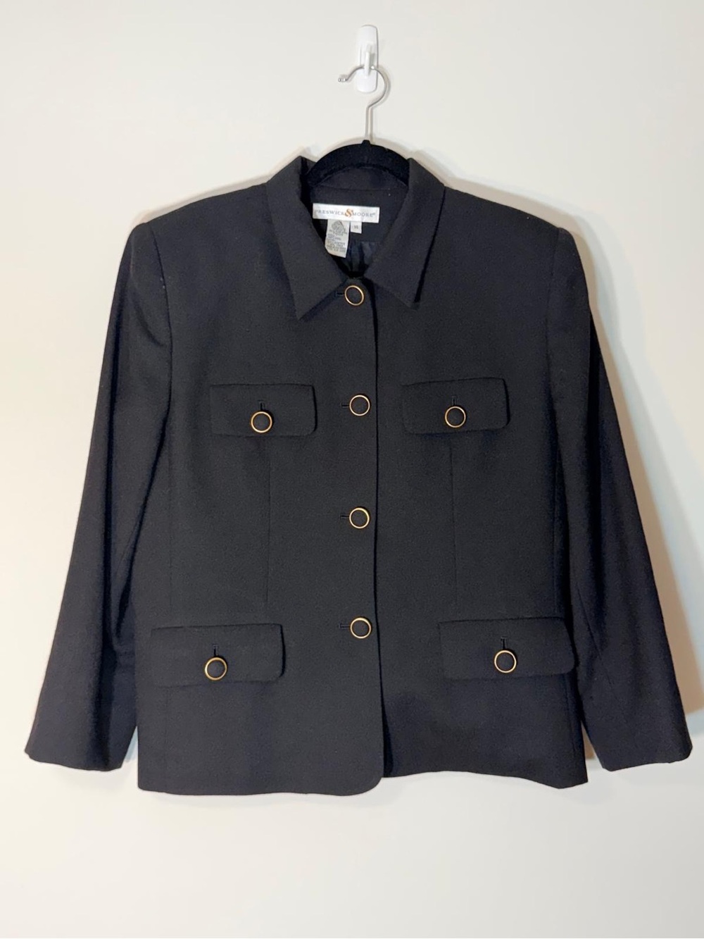 Preswick & Moore Black 100% Wool Jacket Gold Ring Buttons Size 14